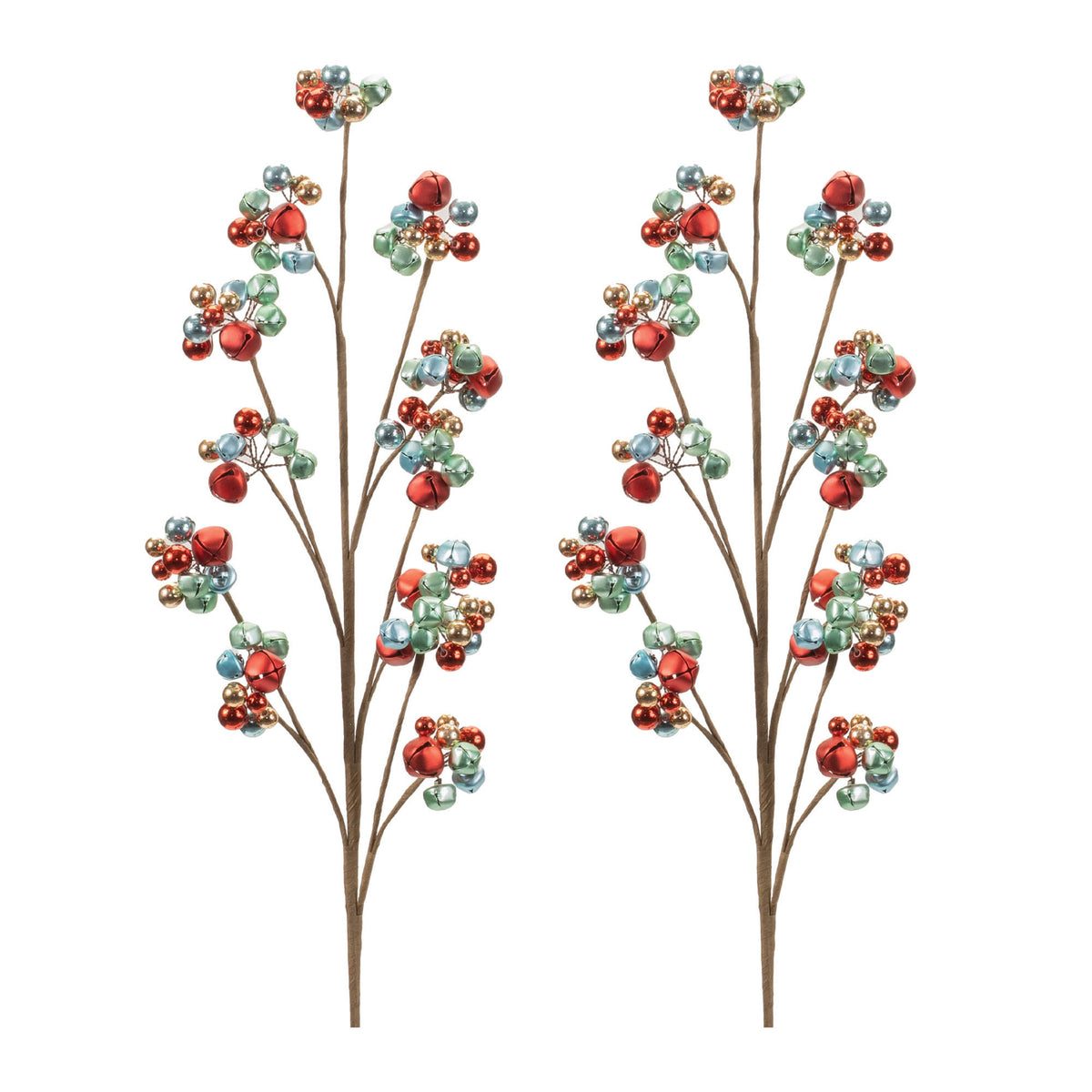 Multicolor Sleigh Bell Cluster Sprays, set of 2 shown together, artificial Christmas stems for vases, trees and wreaths