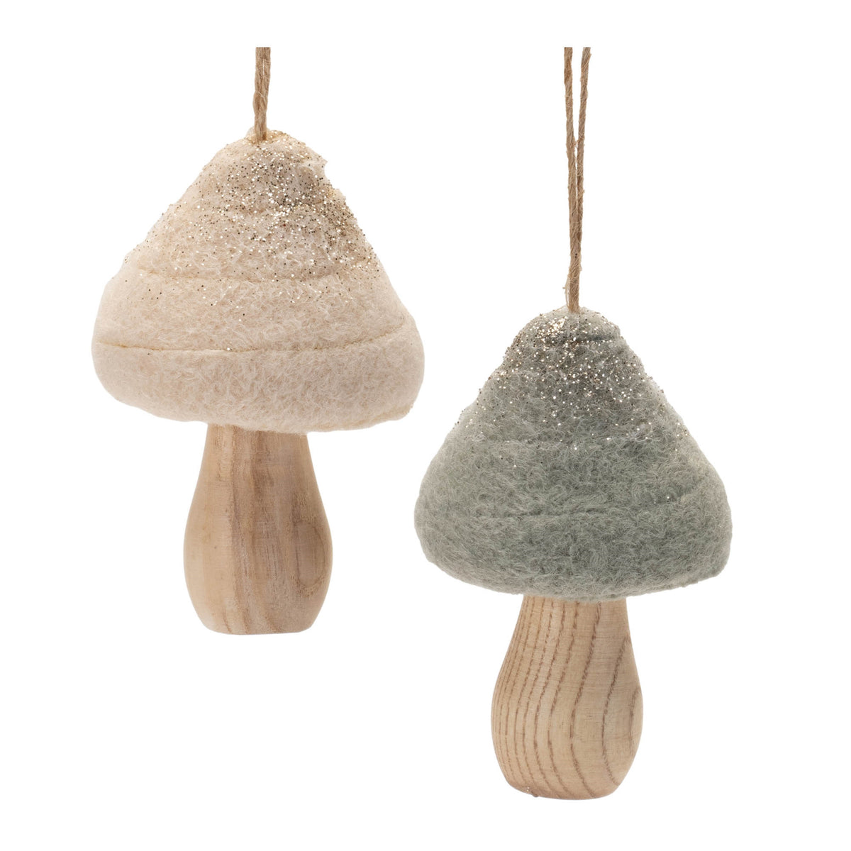 Twelve felt fabric mushroom Christmas ornaments with beige glittered caps, wood stems and jute string hangers