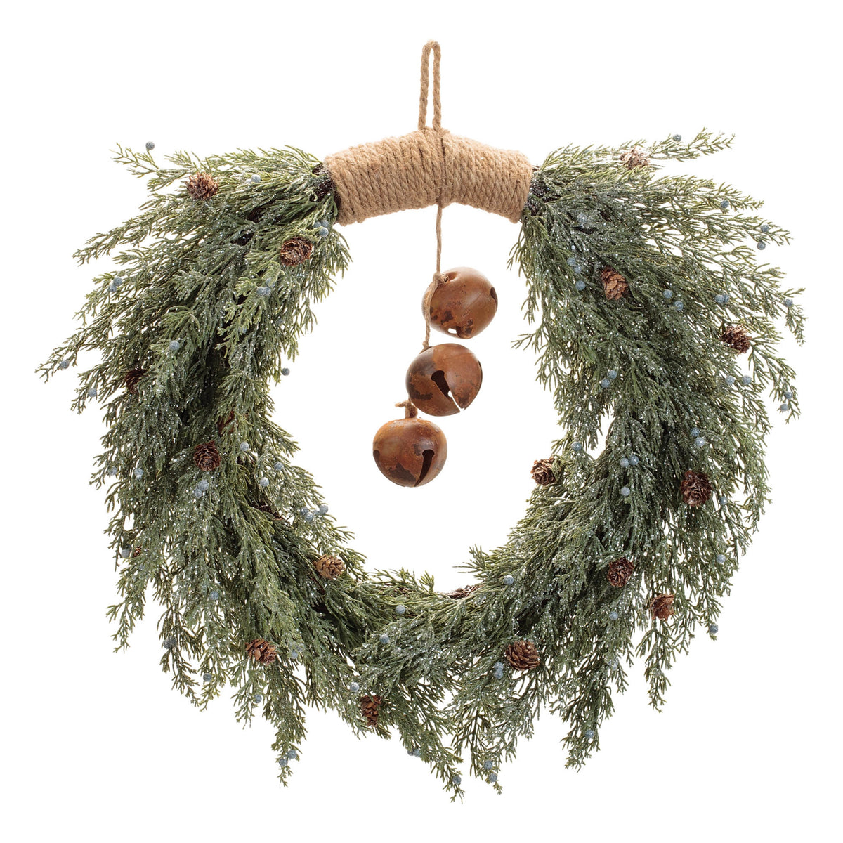 Glittered Pine with Sleigh Bell Wreath 22 in - Green and Brown, Pinecones and Jute Hanger for the Christmas Door