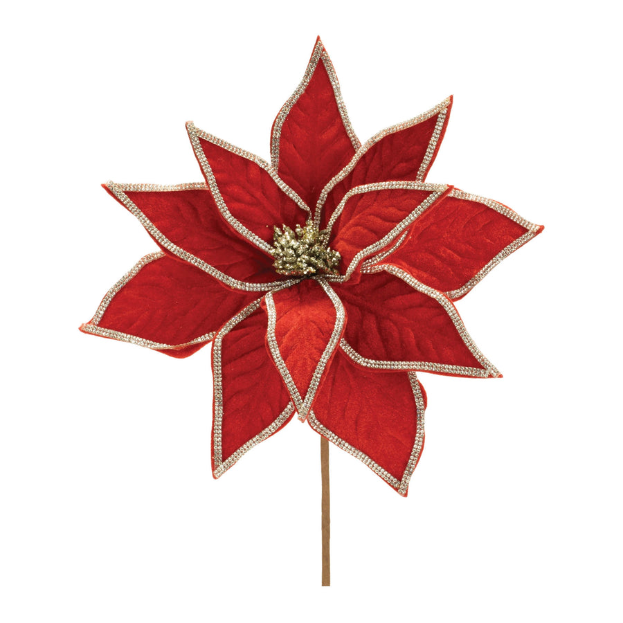 Set of 2 jeweled red poinsettia stems with large glittered blooms for Christmas wreath and tree decor