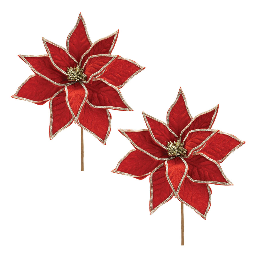 Jeweled Red Poinsettia Stems, set of 2 shown together, artificial Christmas stems for vases, trees and wreaths