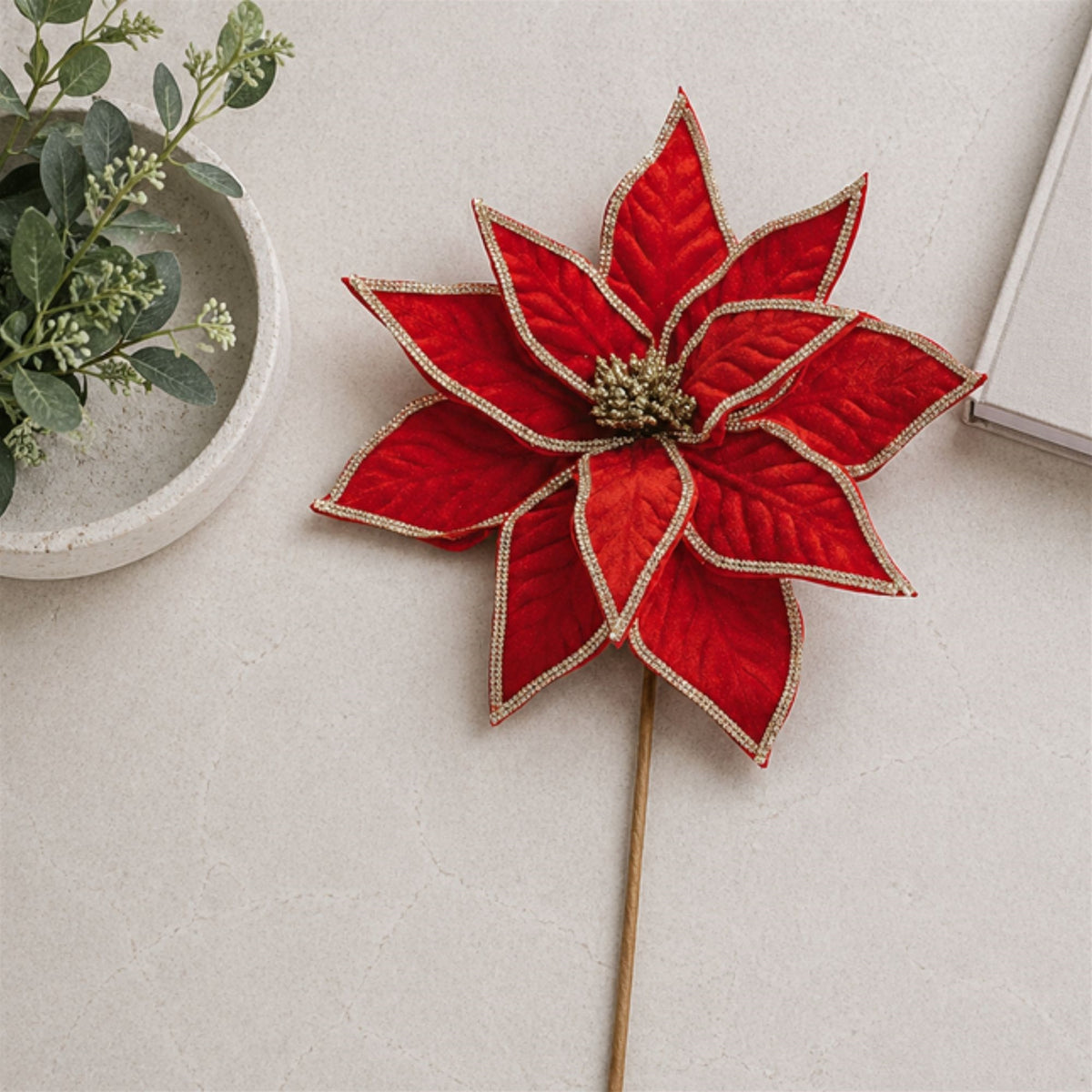 Jeweled Red Poinsettia Stems styled in holiday decor, faux Christmas spray arrangement idea