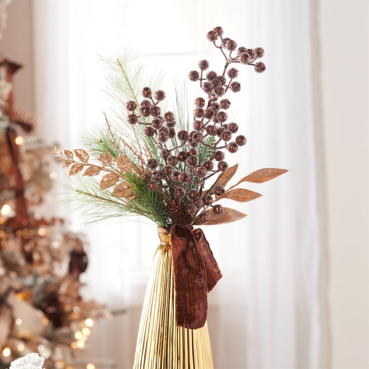 Gold Glittered Berry Sprays styled in holiday decor, faux Christmas spray arrangement idea