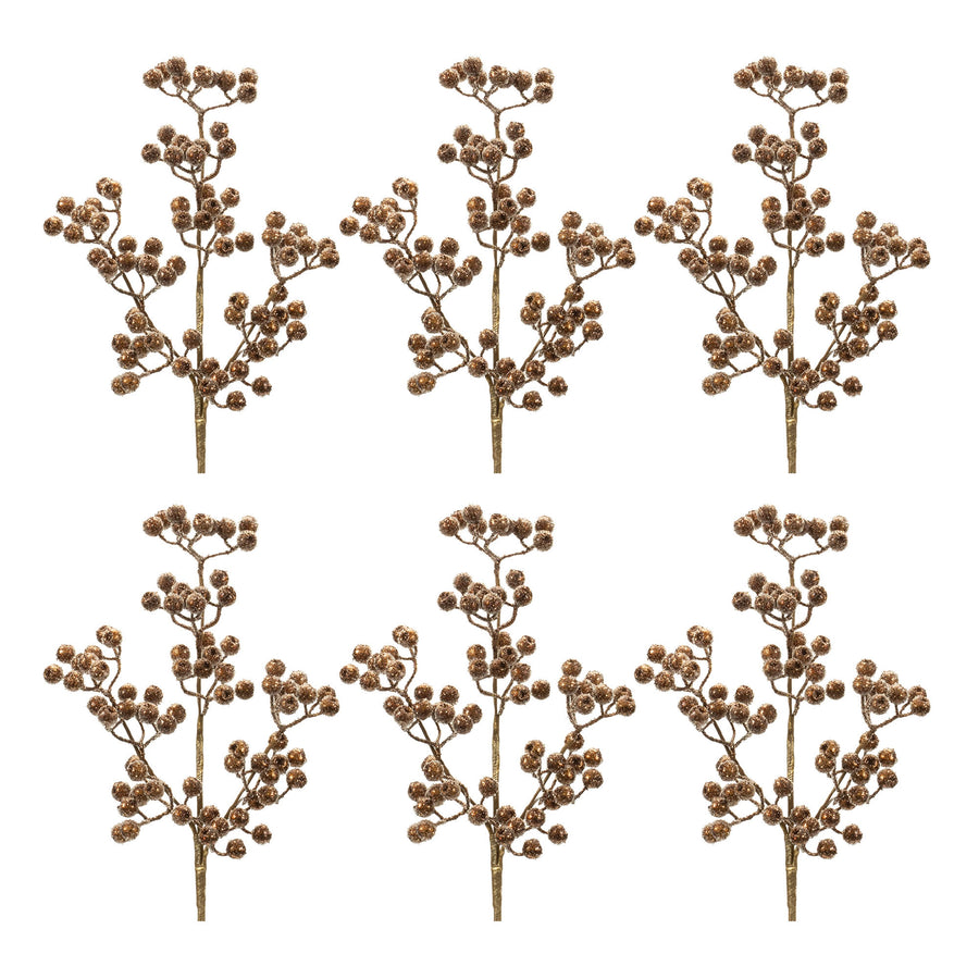 Gold Glittered Berry Sprays, set of 6 shown together, artificial Christmas stems for vases, trees and wreaths
