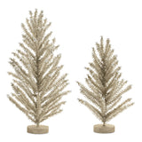 Two glittered silver tinsel pine trees with colorful ball ornaments, 17.5 and 14 inches tall