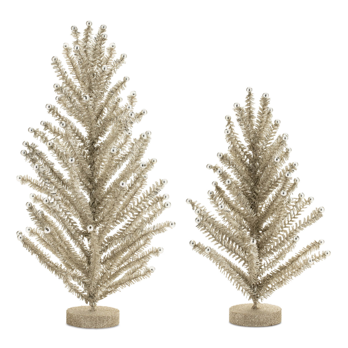 Two glittered silver tinsel pine trees with colorful ball ornaments, 17.5 and 14 inches tall