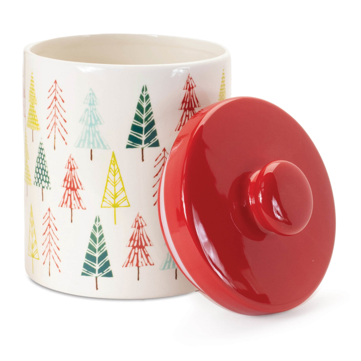 White ceramic Christmas cookie jar with a red and green pine tree print and a red lid