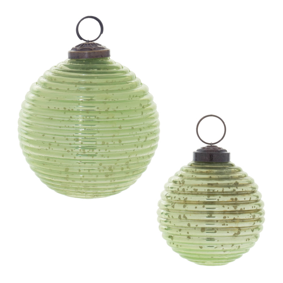 Six green ribbed mercury glass ball Christmas ornaments in two sizes with gold-toned flecks and rustic metal caps