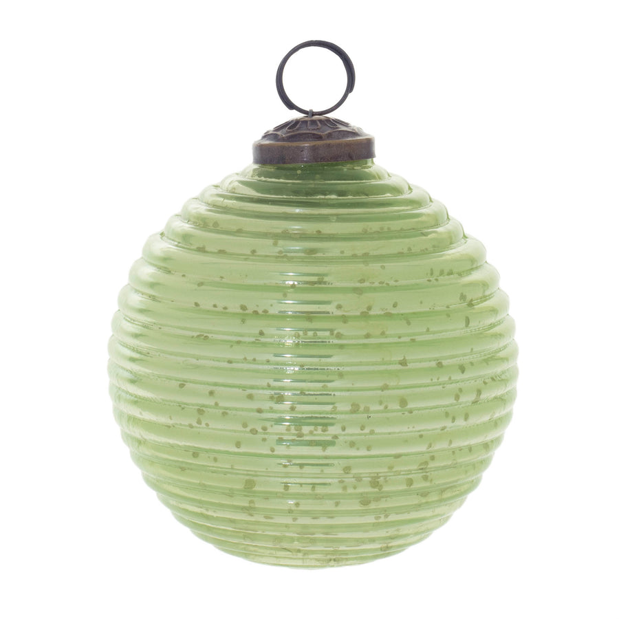 Large green ribbed mercury glass ball ornament with a rustic metal cap
