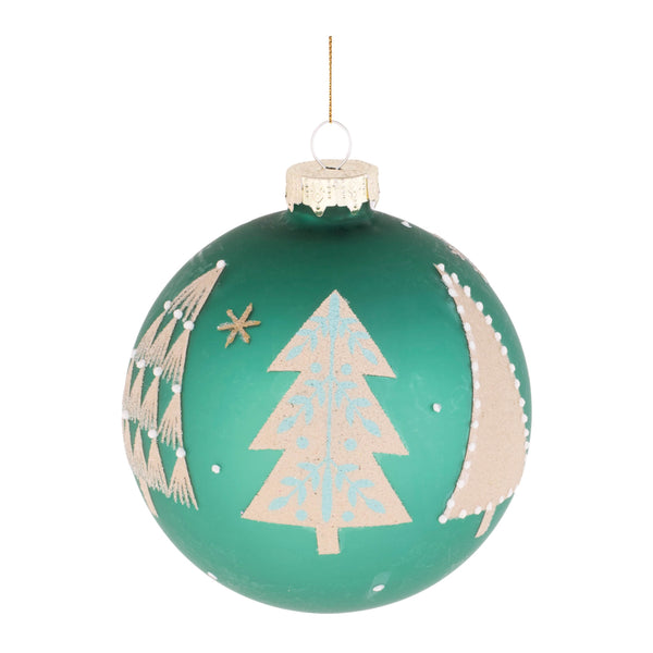 Six frosted green and white glass ball ornaments with beaded pine tree designs and champagne caps