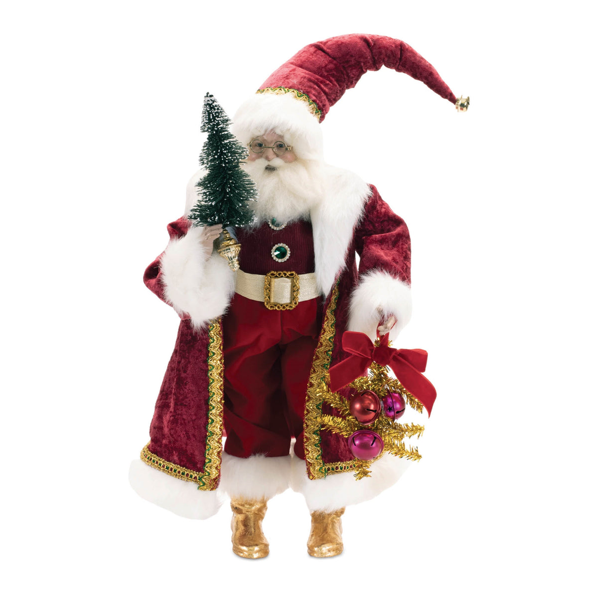 Vintage-inspired Santa figure in a red and white furry coat with a pine tree, 25 inches tall