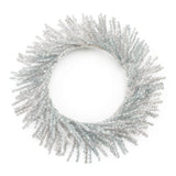 Round silver tinsel pine Christmas wreath with full, fluffed metallic branches
