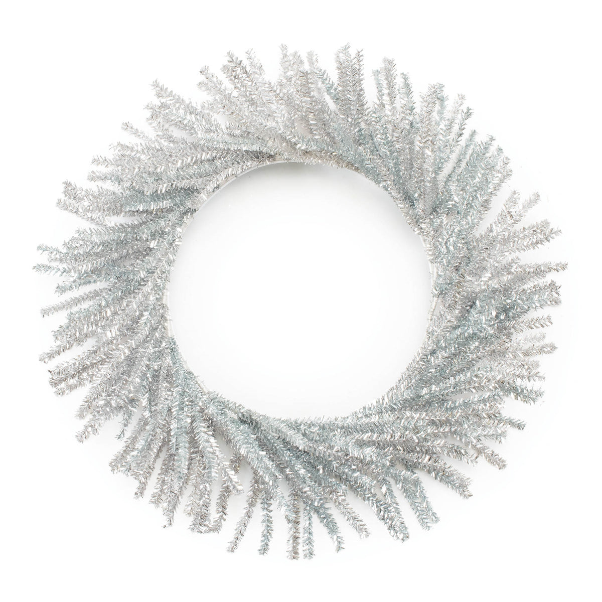 Round silver tinsel pine Christmas wreath with full, fluffed metallic branches