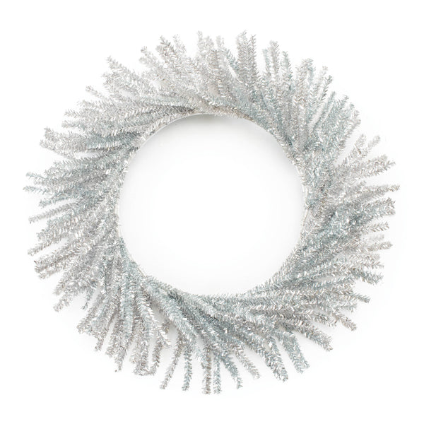 Round silver tinsel pine Christmas wreath with full, fluffed metallic branches