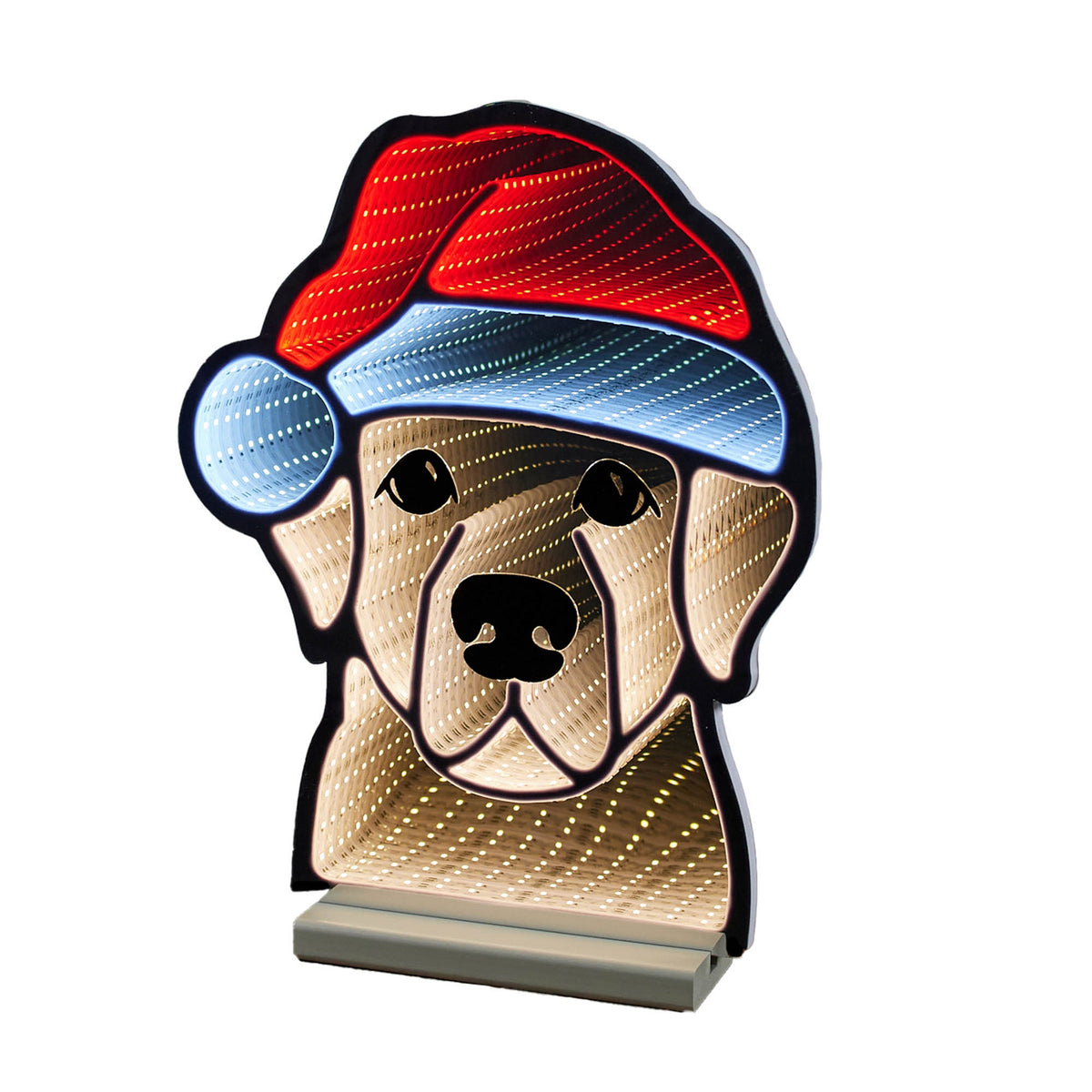 Santa Hat Dog Infinity Light - Beige and Red LED EkkoLight Display, 16.5 in Plug-In Acrylic Christmas Decor