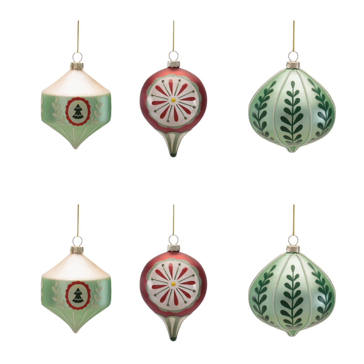 retro glass christmas ornaments set of 6 in sage green, red and cream with reflector round, tree medallion onion and leaf pattern ball, full set shown together