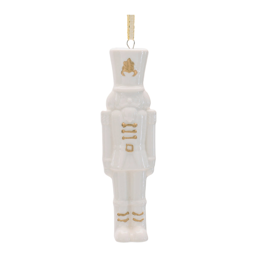 Set of 12 white porcelain nutcracker soldier Christmas ornaments with gold accents