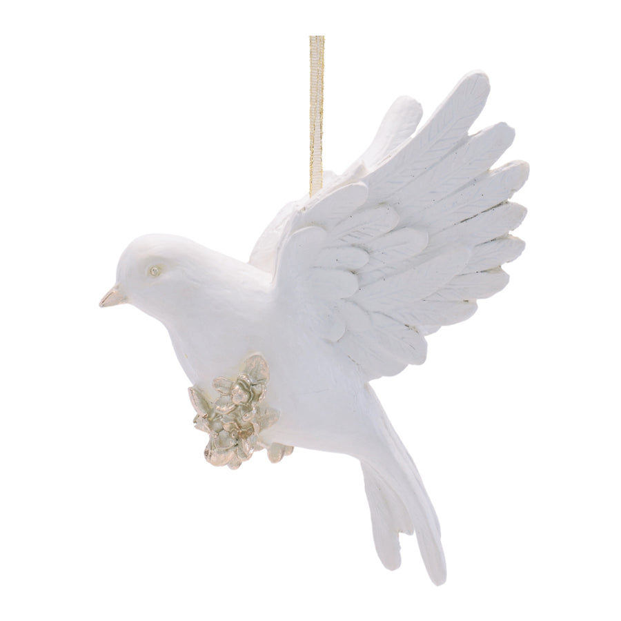 White Resin Dove Christmas Ornaments, close-up of one design showing finish and detail