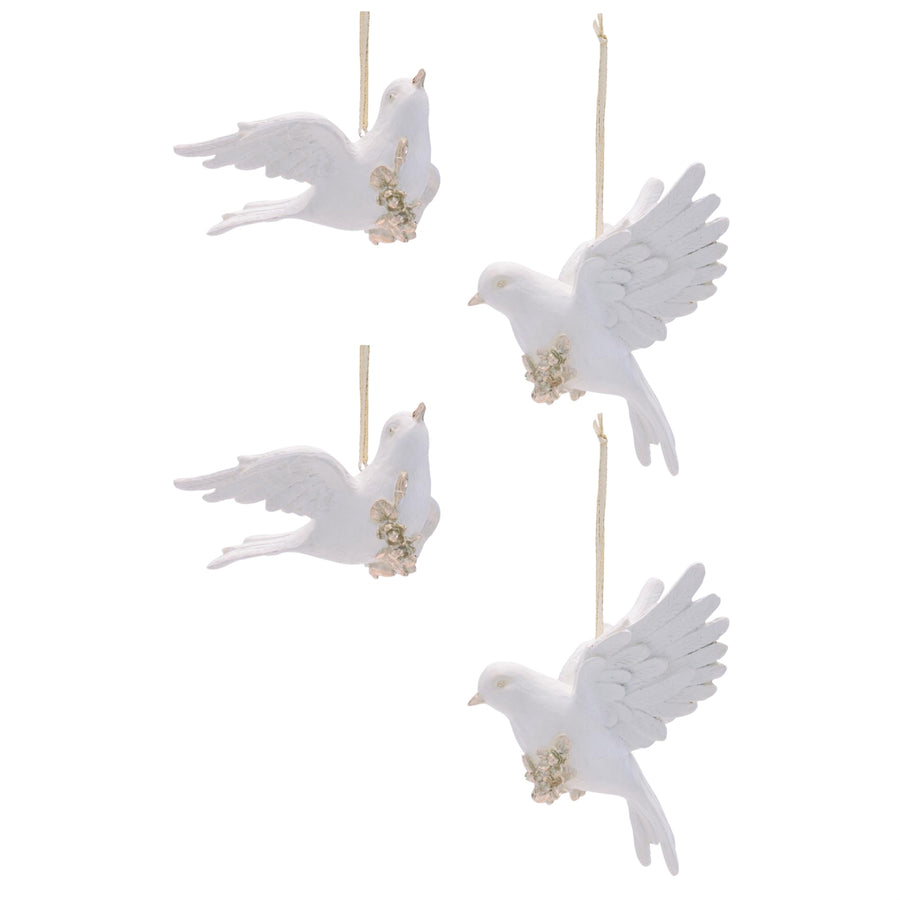 white resin dove christmas ornaments set of 4 two flight poses with gold glitter accents and gold cord, full set shown together