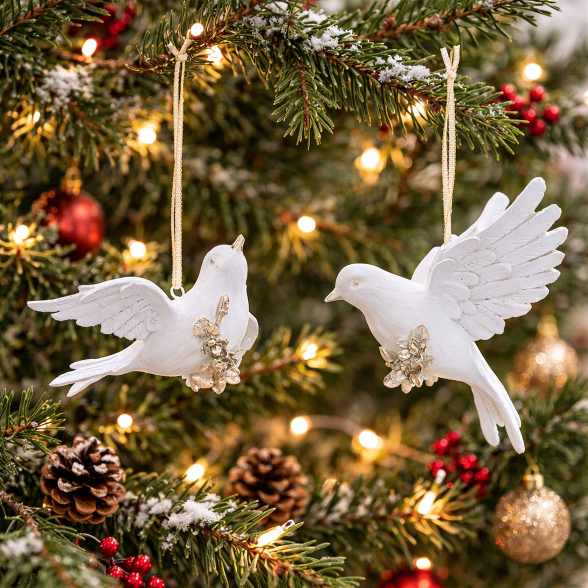 White Resin Dove Christmas Ornaments hanging on a Christmas tree, holiday decor styling idea