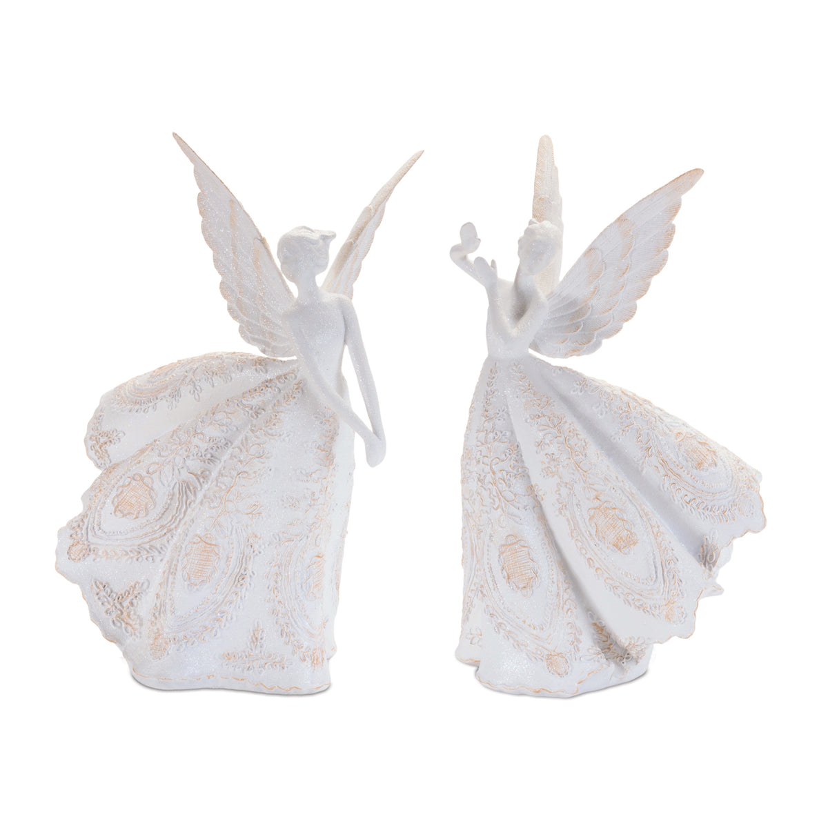 Set of 2 ornate white angel figurines with sweeping wings, embossed gowns, gold accents and glitter
