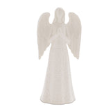 White glazed ceramic praying angel figurine with folded hands, sculpted wings and embossed scrollwork gown