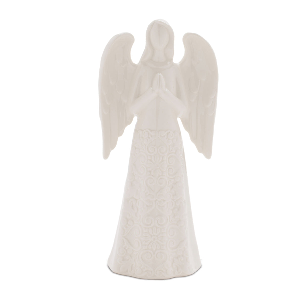 White glazed ceramic praying angel figurine with folded hands, sculpted wings and embossed scrollwork gown