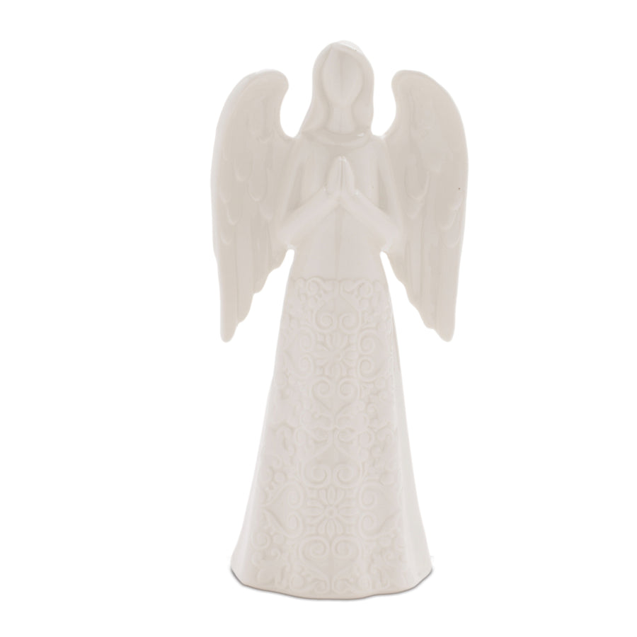 White glazed ceramic praying angel figurine with folded hands, sculpted wings and embossed scrollwork gown