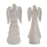 Set of 2 white glazed ceramic angel figurines, one holding a star and one with hands folded in prayer