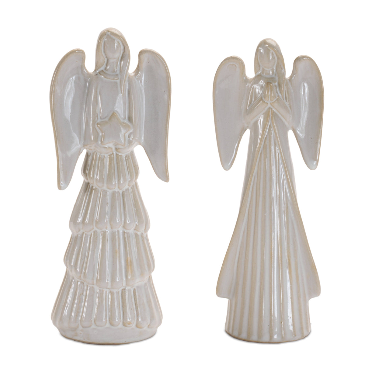 Set of 2 white glazed ceramic angel figurines, one holding a star and one with hands folded in prayer