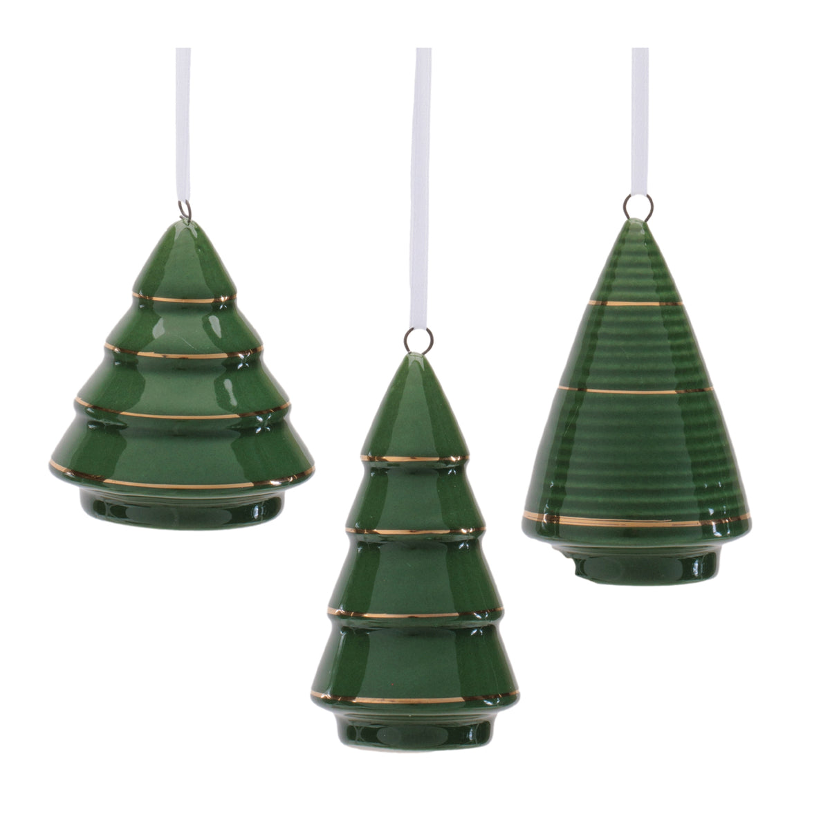 Set of 6 green ceramic Christmas tree ornaments in three designs with gold stripes and white ribbon hangers