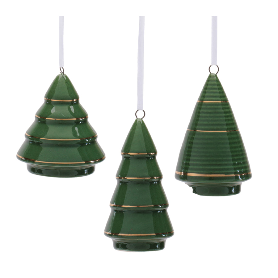 Set of 6 green ceramic Christmas tree ornaments in three designs with gold stripes and white ribbon hangers