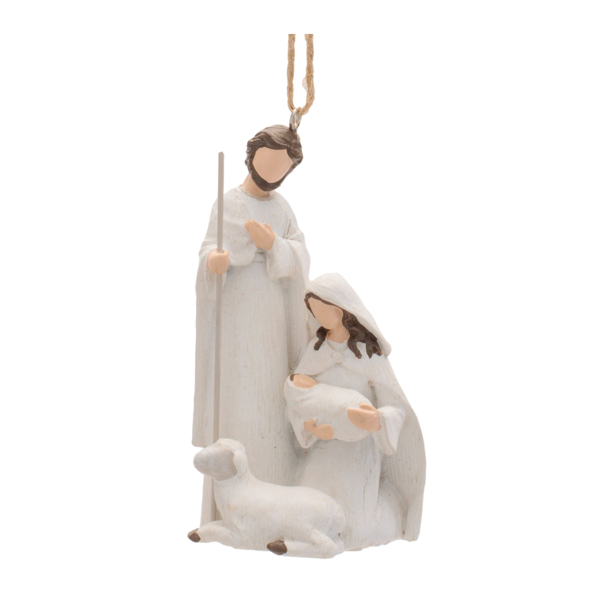 Set of 6 white resin Holy Family nativity Christmas ornaments showing Mary, Joseph, baby Jesus and a lamb