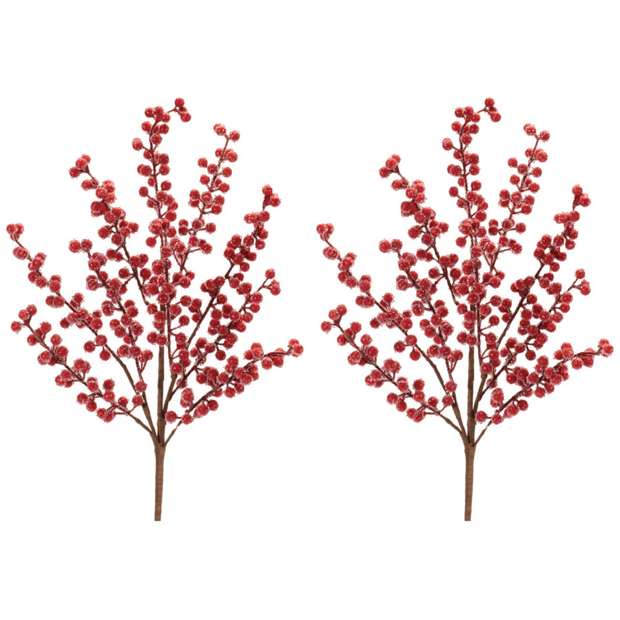 Iced Red Berry Twig Sprays, set of 2 shown together, artificial Christmas stems for vases, trees and wreaths