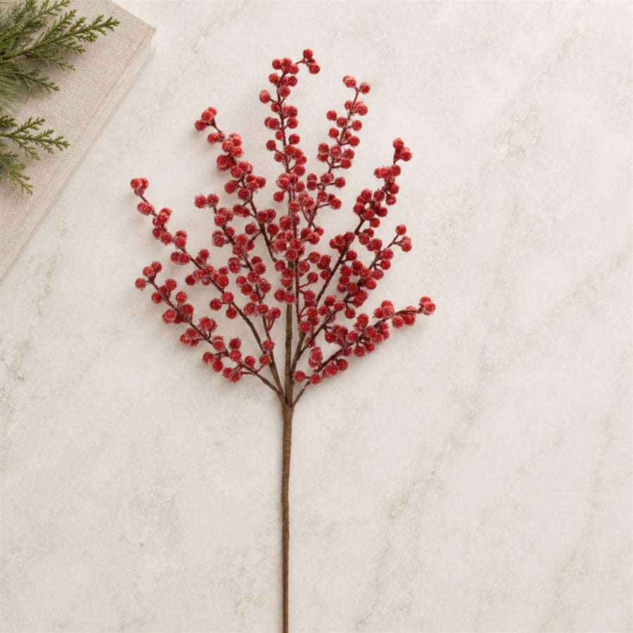 Iced Red Berry Twig Sprays styled in holiday decor, faux Christmas spray arrangement idea