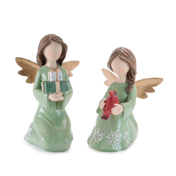 Set of 6 resin angel figurines in sage green snowflake gowns with gold wings, holding wrapped gifts or a red cardinal