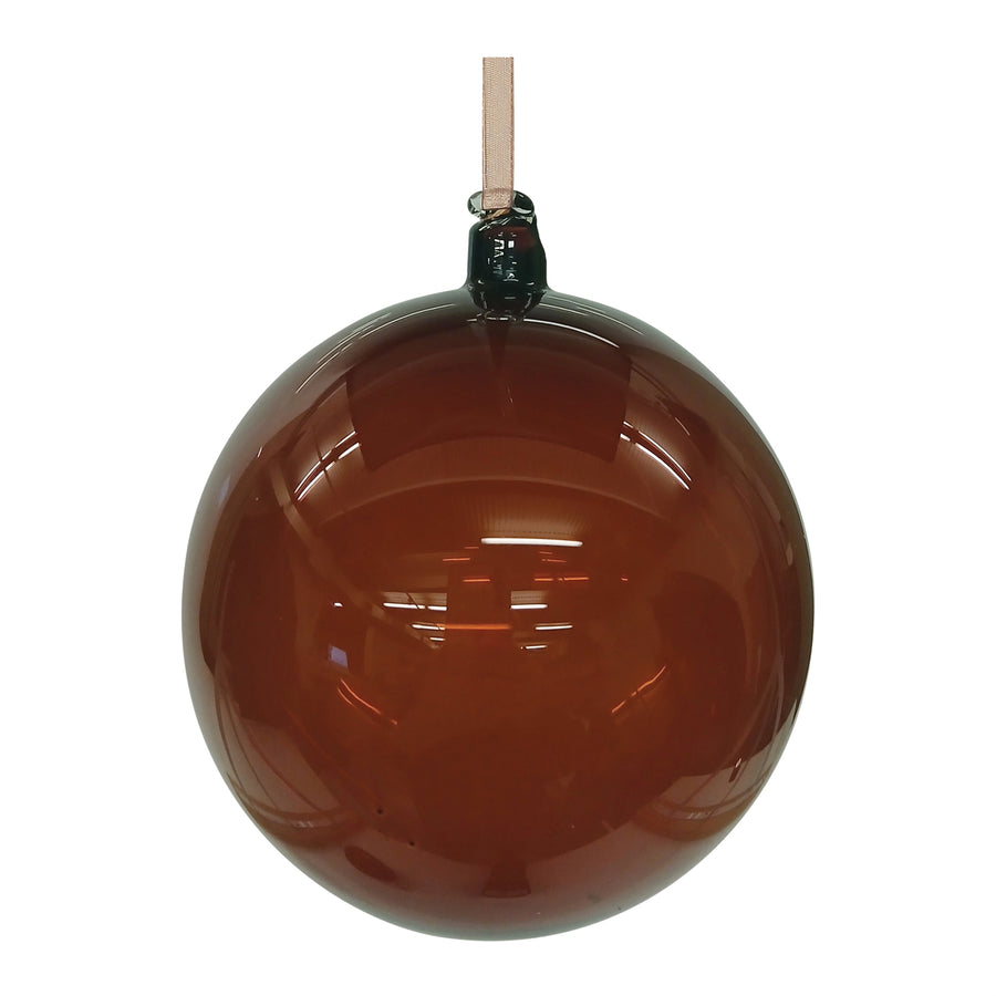 Set of 4 oversized 6 in glass ball Christmas ornaments in assorted designs with clear and brown tones and a glossy finish