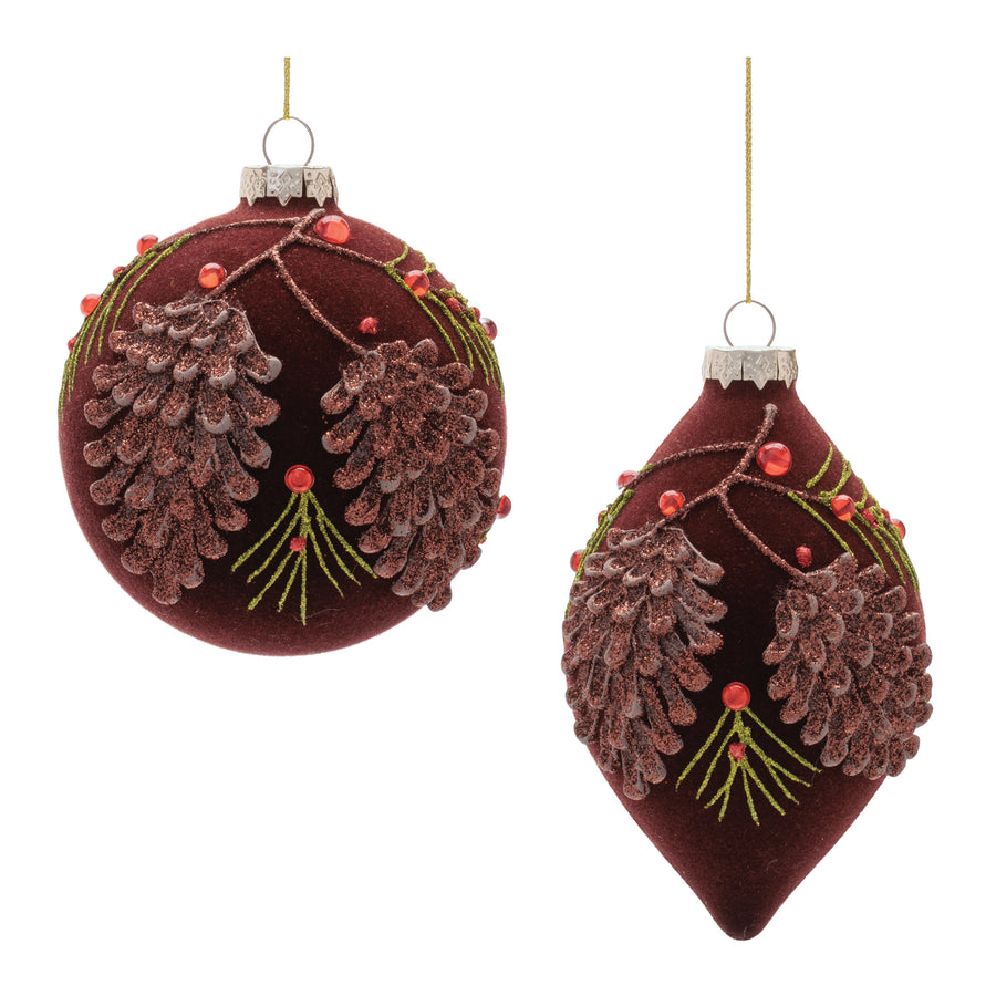 Burgundy Velvet Glass Ball and Drop Christmas Ornaments, close-up of the design and finish, Christmas tree ornaments