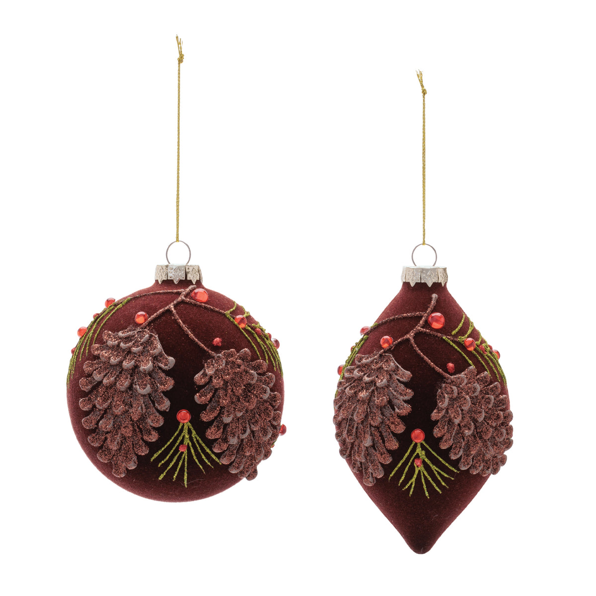 Burgundy Velvet Glass Ball and Drop Christmas Ornaments, single ornament with hanger, Christmas tree decoration