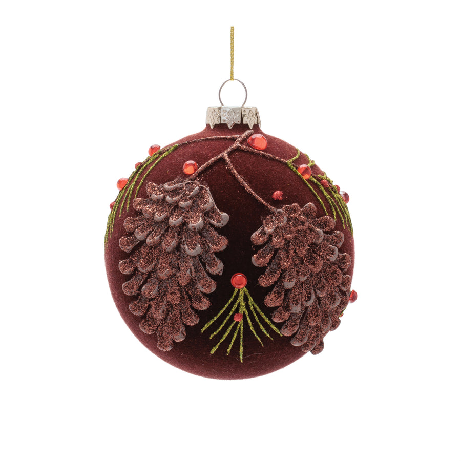 Burgundy Velvet Glass Ball and Drop Christmas Ornaments, close-up of one design showing finish and detail