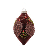 Burgundy Velvet Glass Ball and Drop Christmas Ornaments, close-up of one design showing finish and detail