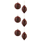 burgundy velvet glass christmas ornaments set of 6 with raised pinecone and red berry accent, ball and tiered drop shapes, full set shown together