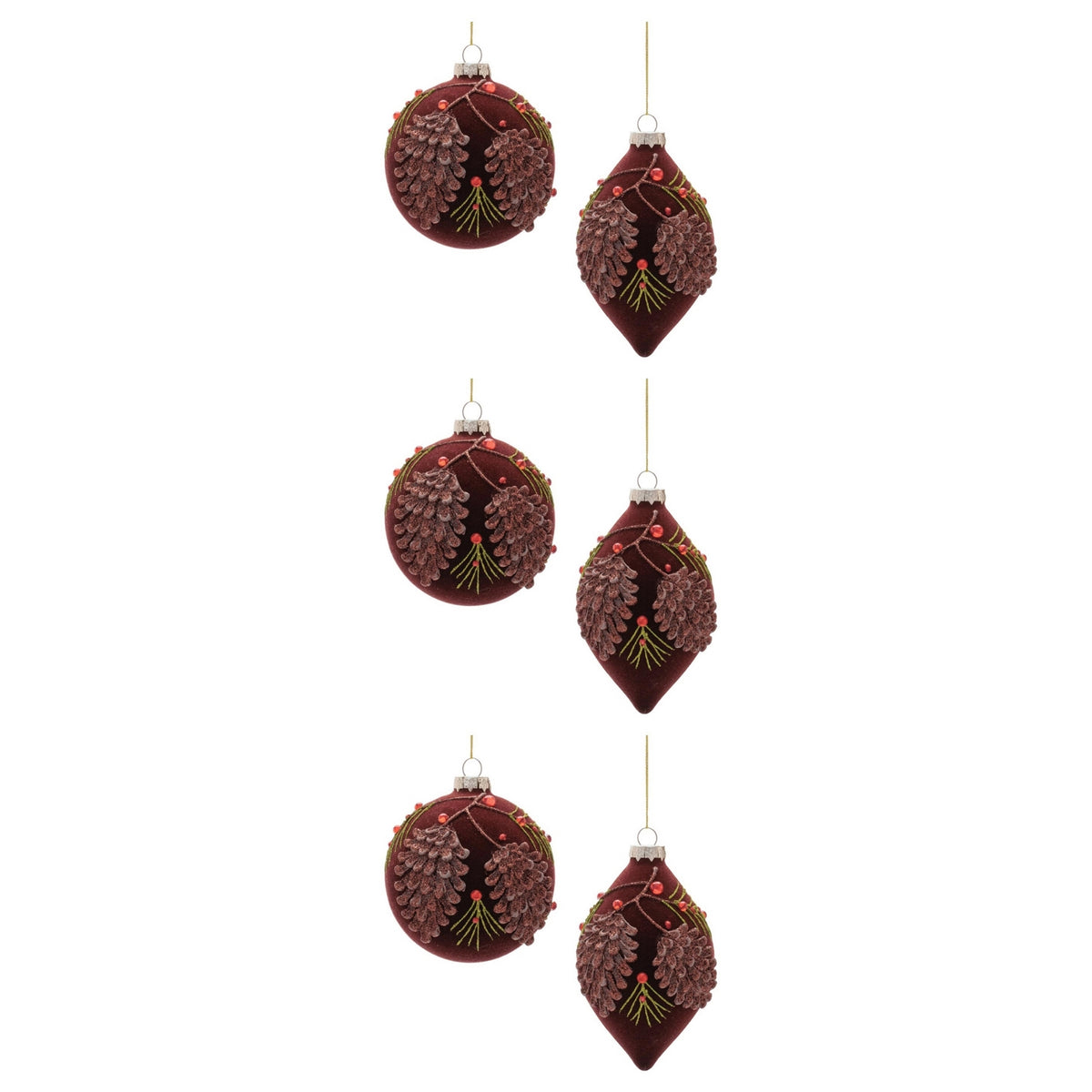 burgundy velvet glass christmas ornaments set of 6 with raised pinecone and red berry accent, ball and tiered drop shapes, full set shown together