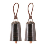 black iron hanging bell christmas ornaments set of 2 with brown leather loop strap and copper tone clapper, full set shown together