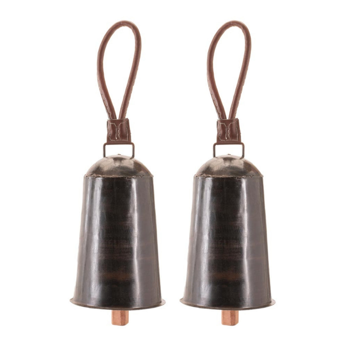 black iron hanging bell christmas ornaments set of 2 with brown leather loop strap and copper tone clapper, full set shown together