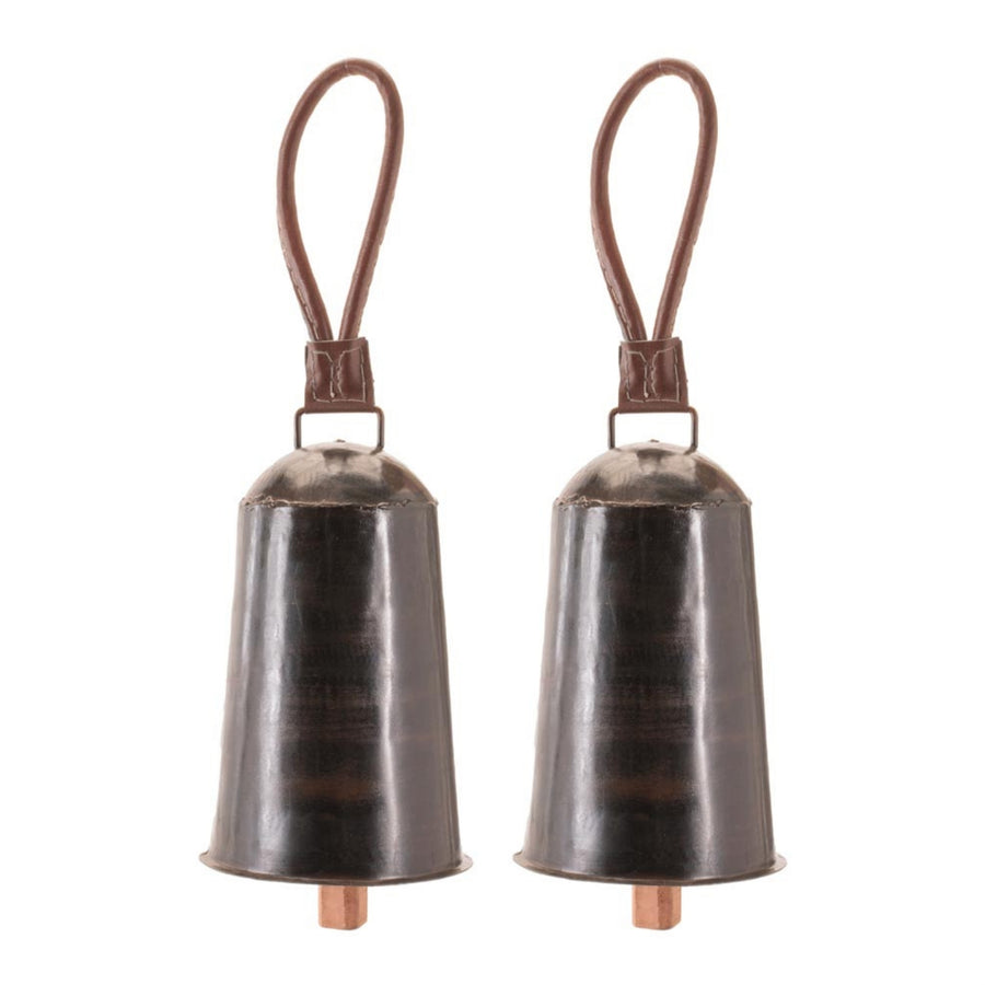 black iron hanging bell christmas ornaments set of 2 with brown leather loop strap and copper tone clapper, full set shown together