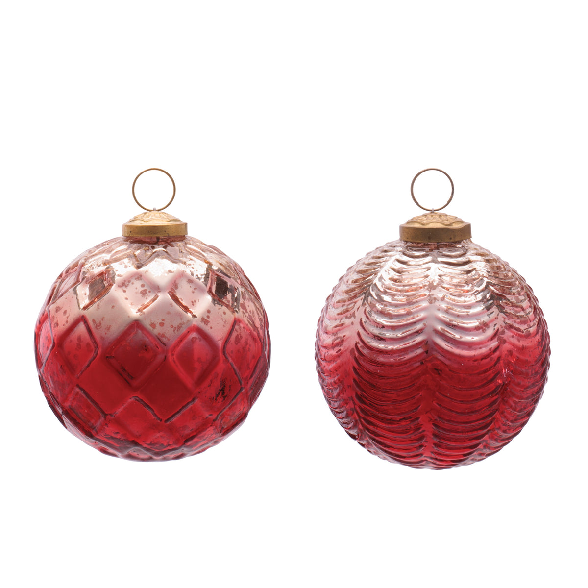 Pair of red reflective glass ball Christmas ornaments in two assorted designs with a polished finish