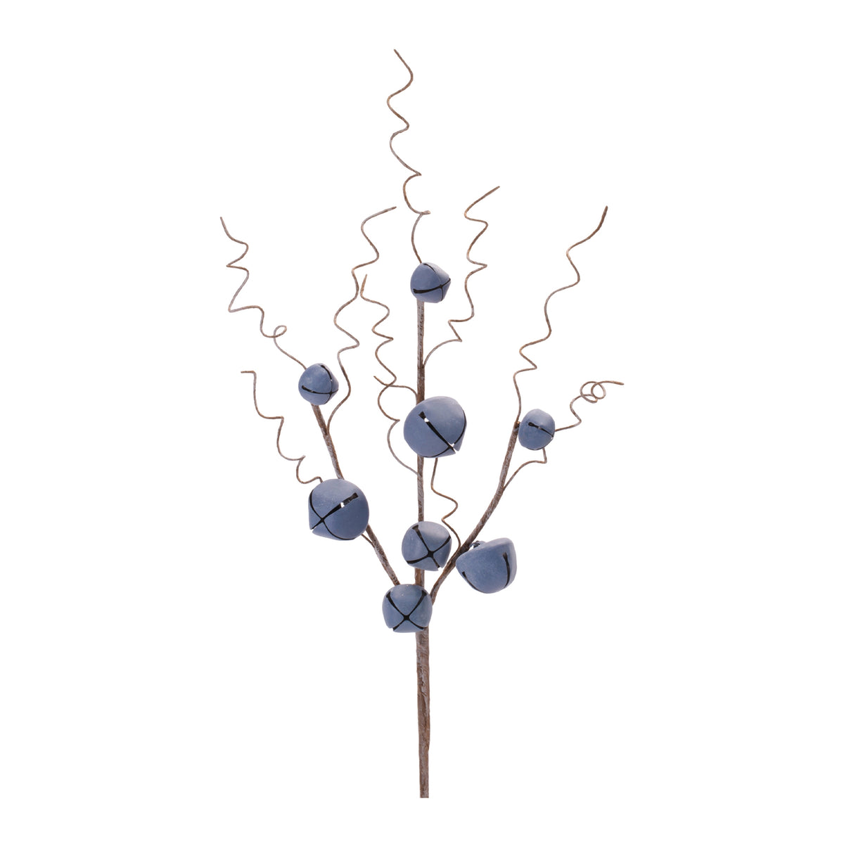 blue rustic jingle bell stem with metal bells and curly wire tendrils for Christmas vase
