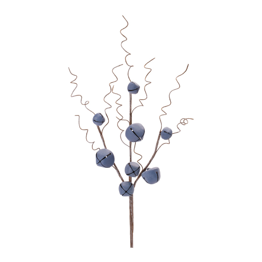 blue rustic jingle bell stem with metal bells and curly wire tendrils for Christmas vase