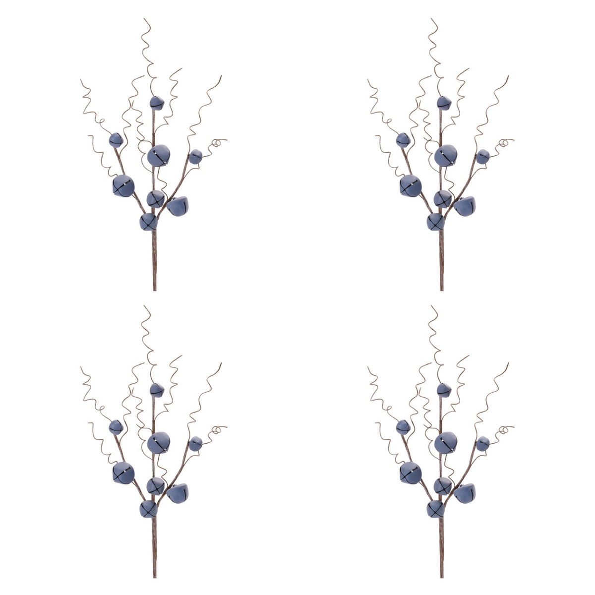 Blue Jingle Bell Stems, set of 4 shown together, artificial Christmas stems for vases, trees and wreaths